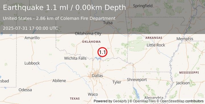 Earthquake 9 km SSE of Wapanucka, Oklahoma (1.1 ml) (2025-07-31 17:00:00 UTC)