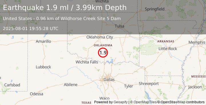 Earthquake 12 km SE of Katie, Oklahoma (1.3 ml) (2025-08-01 19:55:27 UTC)