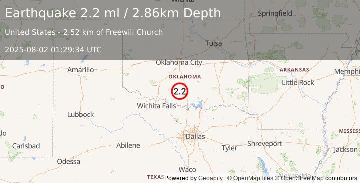 Earthquake 4 km SE of Ratliff City, Oklahoma (2.2 ml) (2025-08-02 01:29:34 UTC)