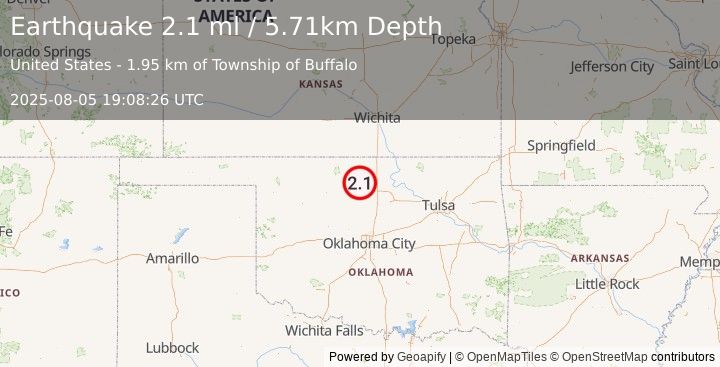 Earthquake 6 km WSW of Hunter, Oklahoma (2.1 ml) (2025-08-05 19:08:26 UTC)