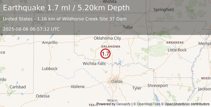 Earthquake 6 km NNE of Velma, Oklahoma (1.7 ml) (2025-08-06 06:57:12 UTC)