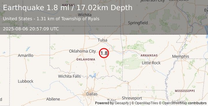 Earthquake 6 km SE of Salem, Oklahoma (1.8 ml) (2025-08-06 20:57:09 UTC)