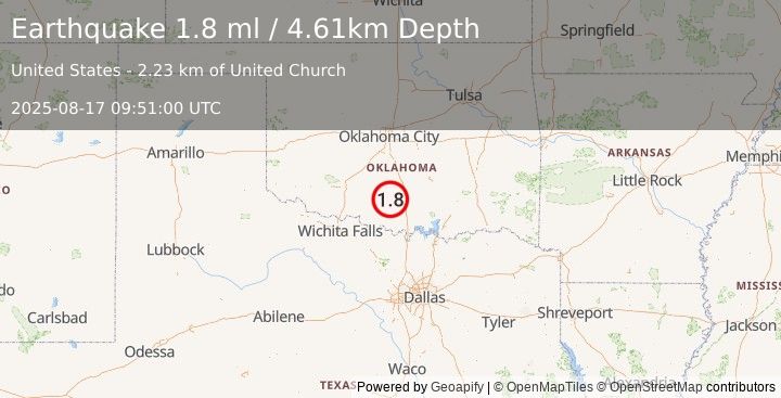 Earthquake 3 km SE of Ratliff City, Oklahoma (1.8 ml) (2025-08-17 09:51:00 UTC)