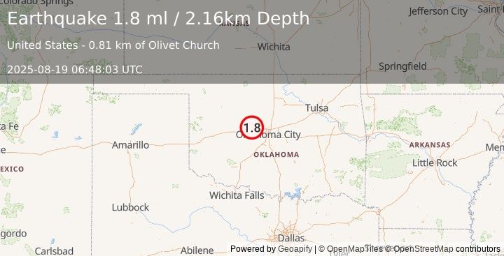 Earthquake 9 km ENE of Calumet, Oklahoma (1.8 ml) (2025-08-19 06:48:03 UTC)
