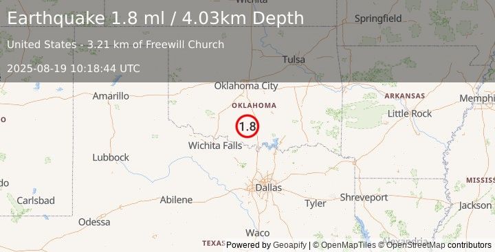 Earthquake 5 km SE of Ratliff City, Oklahoma (1.8 ml) (2025-08-19 10:18:44 UTC)
