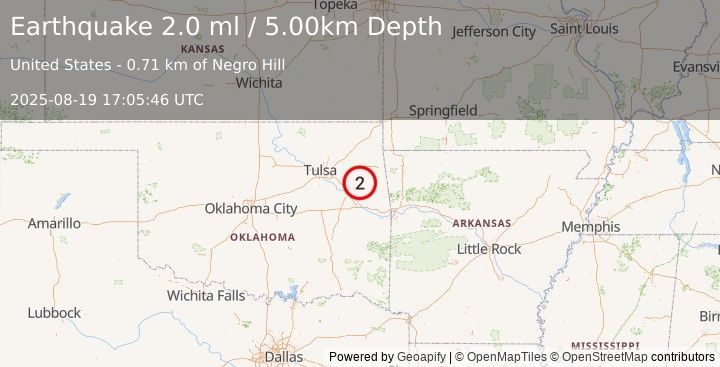Earthquake 2 km SE of Hulbert, Oklahoma (2.0 ml) (2025-08-19 17:05:46 UTC)