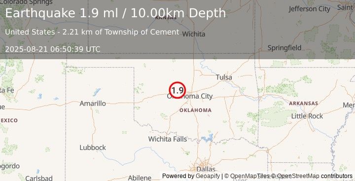 Earthquake 9 km NE of Calumet, Oklahoma (1.9 ml) (2025-08-21 06:50:39 UTC)