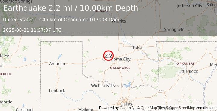 Earthquake 9 km NNE of Calumet, Oklahoma (2.2 ml) (2025-08-21 11:57:07 UTC)