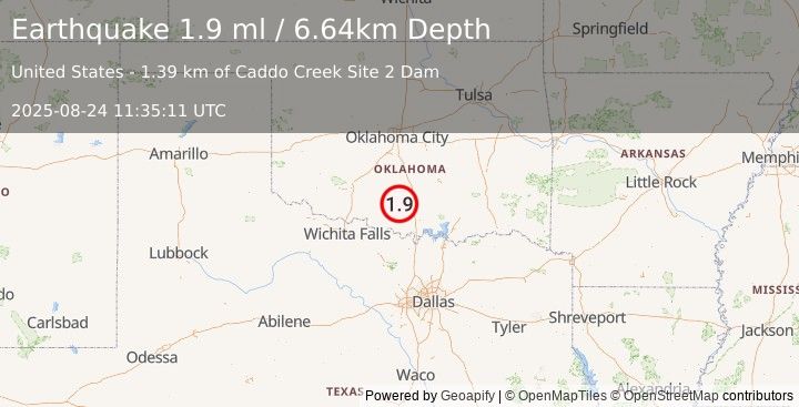 Earthquake 7 km SSE of Ratliff City, Oklahoma (1.9 ml) (2025-08-24 11:35:11 UTC)