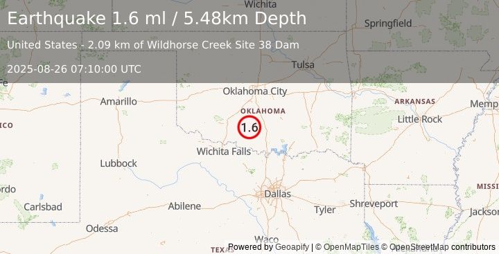 Earthquake 8 km N of Velma, Oklahoma (1.6 ml) (2025-08-26 07:10:00 UTC)