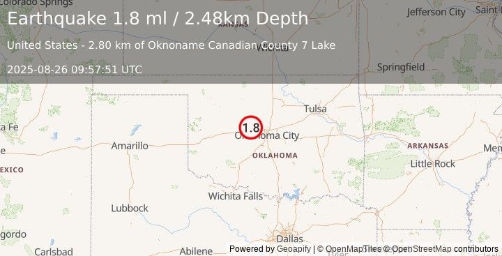 Earthquake 8 km SSW of Okarche, Oklahoma (1.8 ml) (2025-08-26 09:57:51 UTC)