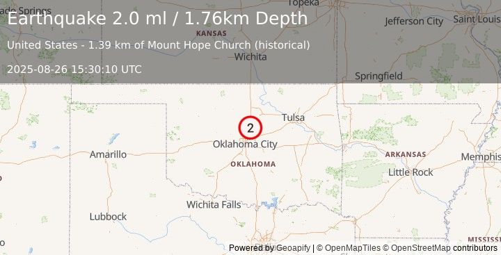 Earthquake 7 km ENE of Guthrie, Oklahoma (2.0 ml) (2025-08-26 15:30:10 UTC)