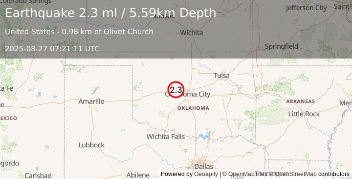 Earthquake 8 km ENE of Calumet, Oklahoma (2.2 ml) (2025-08-27 07:21:12 UTC)