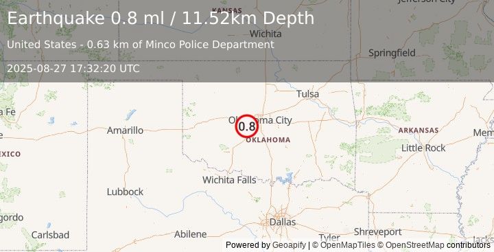 Earthquake 0 km ENE of Minco, Oklahoma (0.8 ml) (2025-08-27 17:32:20 UTC)