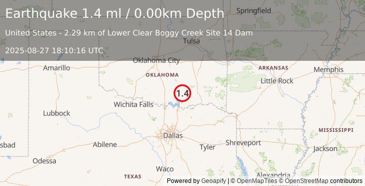 Earthquake 8 km SSE of Wapanucka, Oklahoma (1.4 ml) (2025-08-27 18:10:16 UTC)