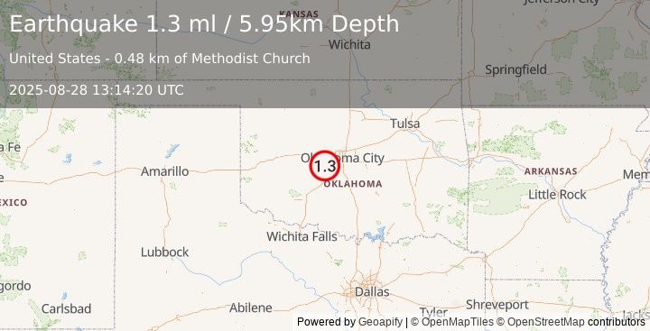 Earthquake 0 km NE of Minco, Oklahoma (1.3 ml) (2025-08-28 13:14:20 UTC)