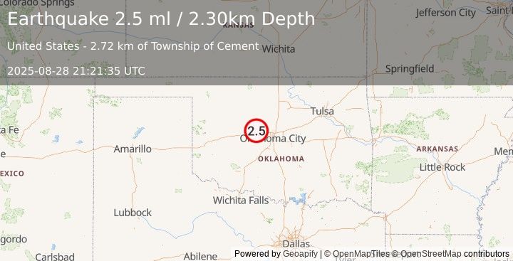 Earthquake 7 km SSW of Okarche, Oklahoma (2.5 ml) (2025-08-28 21:21:35 UTC)