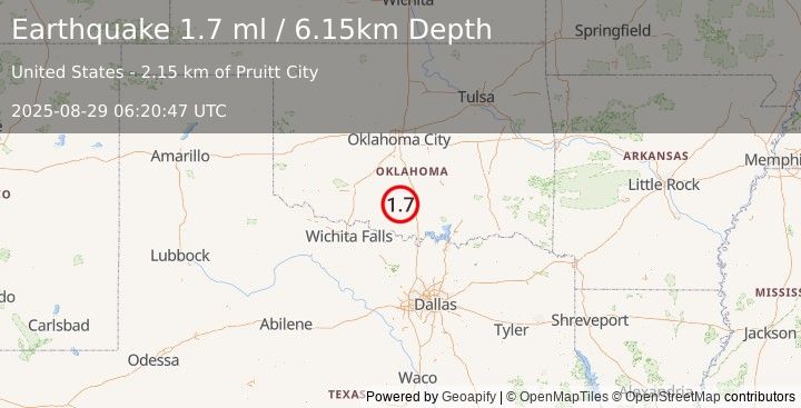 Earthquake 3 km SE of Ratliff City, Oklahoma (1.7 ml) (2025-08-29 06:20:47 UTC)