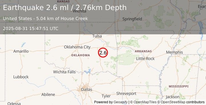 Earthquake 12 km E of Crowder, Oklahoma (2.6 ml) (2025-08-31 15:47:51 UTC)