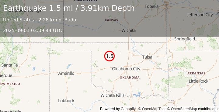 Earthquake 17 km WNW of Longdale, Oklahoma (1.5 ml) (2025-09-01 03:09:44 UTC)
