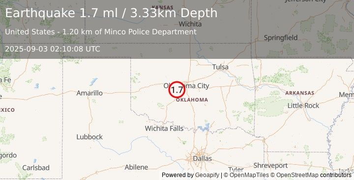 Earthquake 1 km E of Minco, Oklahoma (1.7 ml) (2025-09-03 02:10:08 UTC)