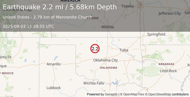 Earthquake 5 km WNW of Isabella, Oklahoma (2.2 ml) (2025-09-03 15:28:55 UTC)