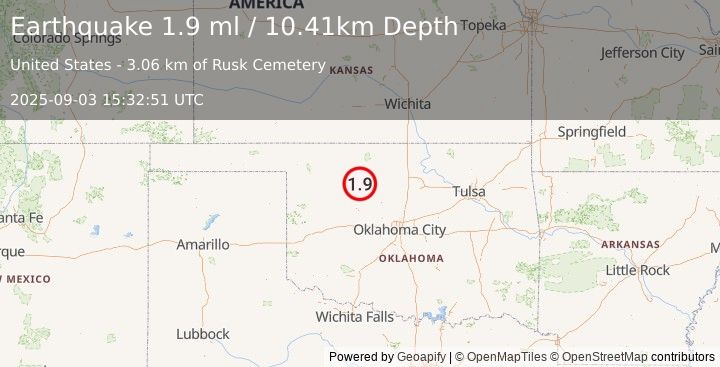 Earthquake 7 km NW of Isabella, Oklahoma (1.9 ml) (2025-09-03 15:32:51 UTC)
