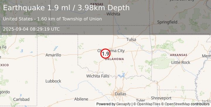 Earthquake 2 km SE of Minco, Oklahoma (1.9 ml) (2025-09-04 08:29:19 UTC)