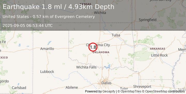 Earthquake 0 km NE of Minco, Oklahoma (1.8 ml) (2025-09-05 06:53:44 UTC)