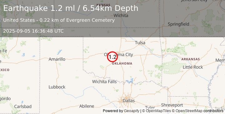 Earthquake 1 km NE of Minco, Oklahoma (1.2 ml) (2025-09-05 16:36:48 UTC)