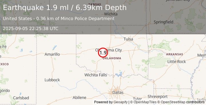 Earthquake 0 km ESE of Minco, Oklahoma (1.9 ml) (2025-09-05 22:25:38 UTC)