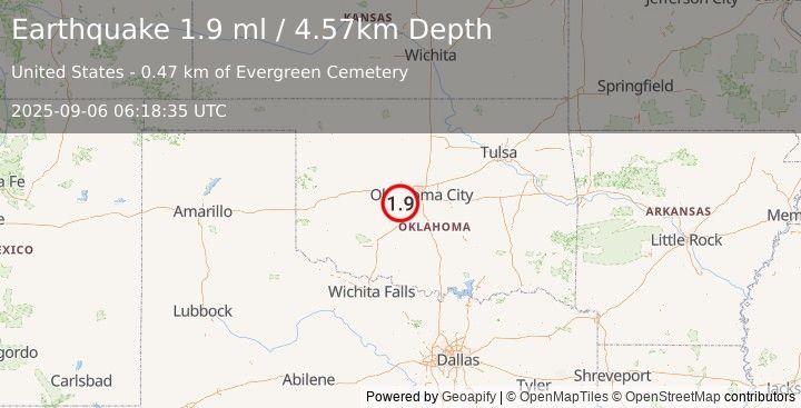 Earthquake 1 km NE of Minco, Oklahoma (1.9 ml) (2025-09-06 06:18:35 UTC)