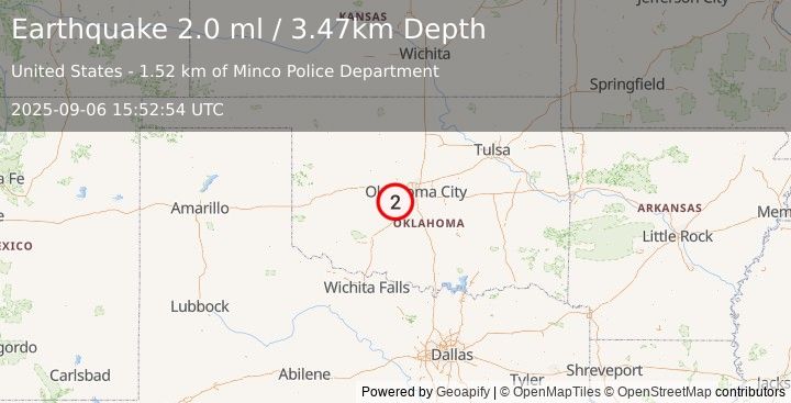 Earthquake 1 km ESE of Minco, Oklahoma (2.0 ml) (2025-09-06 15:52:54 UTC)