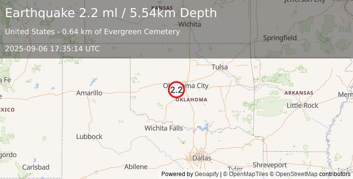 Earthquake 2 km NE of Minco, Oklahoma (2.2 ml) (2025-09-06 17:35:14 UTC)