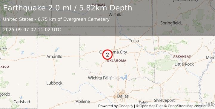 Earthquake 1 km ENE of Minco, Oklahoma (2.0 ml) (2025-09-07 02:11:02 UTC)