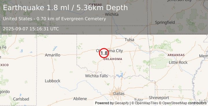 Earthquake 2 km NE of Minco, Oklahoma (1.8 ml) (2025-09-07 15:16:31 UTC)