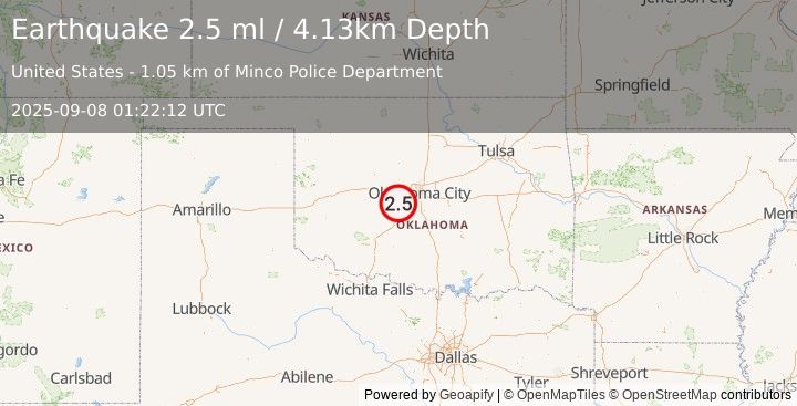 Earthquake 1 km ESE of Minco, Oklahoma (2.5 ml) (2025-09-08 01:22:12 UTC)