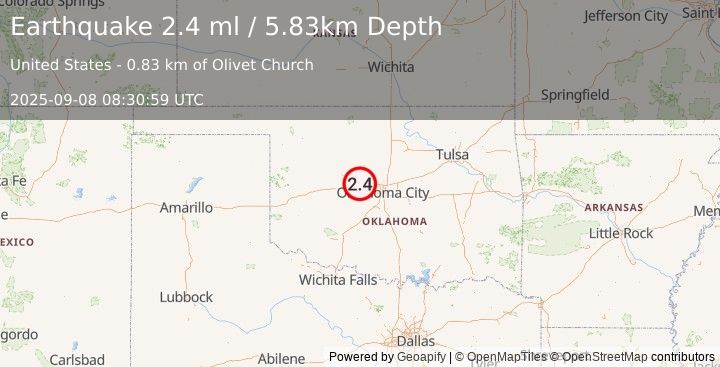 Earthquake 9 km ENE of Calumet, Oklahoma (2.4 ml) (2025-09-08 08:30:59 UTC)