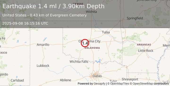 Earthquake 1 km NE of Minco, Oklahoma (1.4 ml) (2025-09-08 16:15:16 UTC)