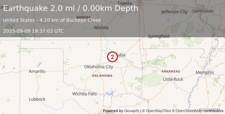 Earthquake 7 km NE of Drumright, Oklahoma (2.0 ml) (2025-09-09 19:37:03 UTC)