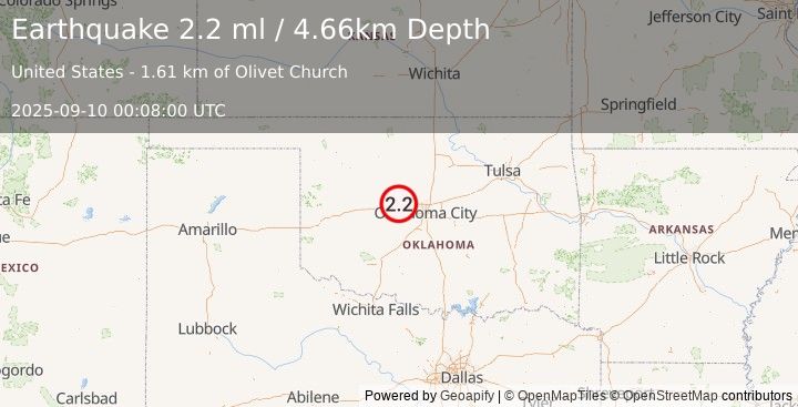Earthquake 7 km ENE of Calumet, Oklahoma (2.2 ml) (2025-09-10 00:08:00 UTC)