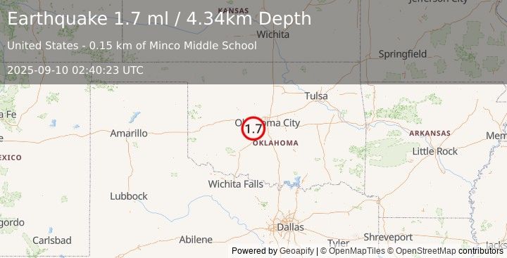 Earthquake 0 km SW of Minco, Oklahoma (1.7 ml) (2025-09-10 02:40:23 UTC)