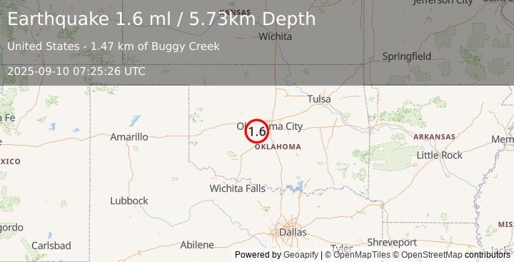 Earthquake 5 km NE of Minco, Oklahoma (1.6 ml) (2025-09-10 07:25:26 UTC)