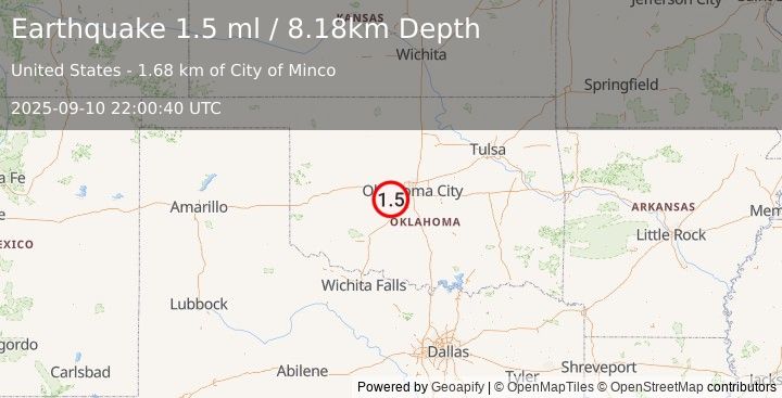 Earthquake 2 km NNW of Minco, Oklahoma (1.5 ml) (2025-09-10 22:00:40 UTC)