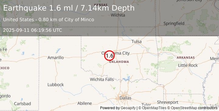 Earthquake 1 km NNW of Minco, Oklahoma (1.6 ml) (2025-09-11 06:19:56 UTC)