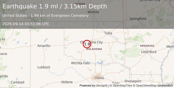 Earthquake 3 km NE of Minco, Oklahoma (1.9 ml) (2025-09-14 03:51:06 UTC)