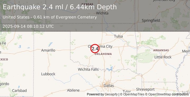Earthquake 1 km NNE of Minco, Oklahoma (2.4 ml) (2025-09-14 08:10:13 UTC)