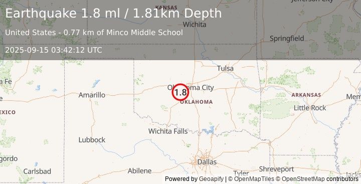 Earthquake 1 km SW of Minco, Oklahoma (1.8 ml) (2025-09-15 03:42:12 UTC)