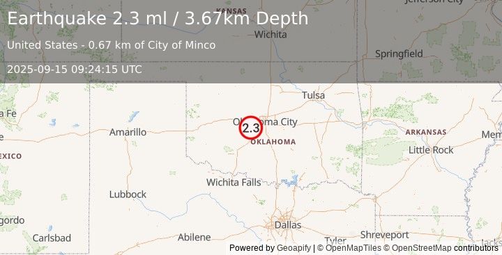 Earthquake 1 km NW of Minco, Oklahoma (2.3 ml) (2025-09-15 09:24:15 UTC)