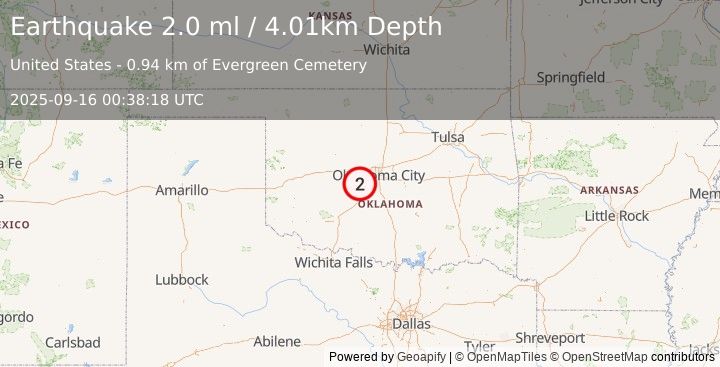 Earthquake 1 km ENE of Minco, Oklahoma (2.0 ml) (2025-09-16 00:38:18 UTC)